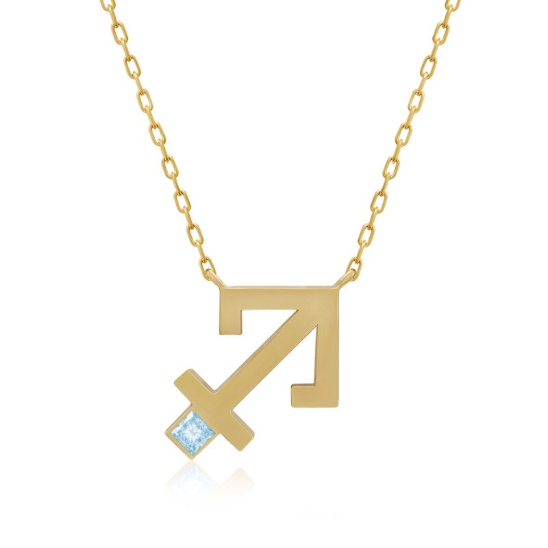 Gold tone Horoscope Necklace (Sagittarius) with an aqua marine blue square stone and chain links by Yataghan Jewellery.