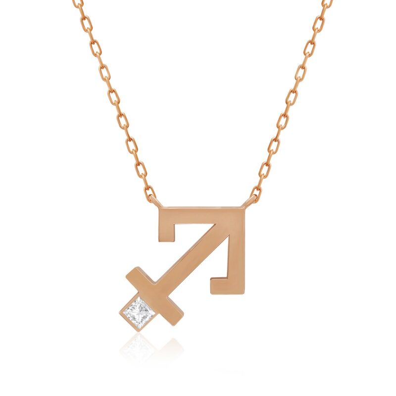 Gold-tone Horoscope Necklace for Sagittarius with a geometric zodiac pendant and a white square stone, on a linked chain.