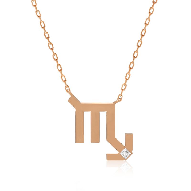 Gold-tone Scorpio horoscope necklace with a geometric pendant and square crystal detail, from Yataghan Jewellery, on a fine chain.