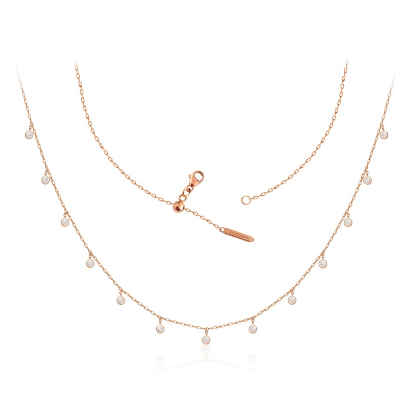 A rose gold Sparkle Round Necklace from Yataghan Jewellery shows a delicate chain with round crystal drops and a branded clasp.