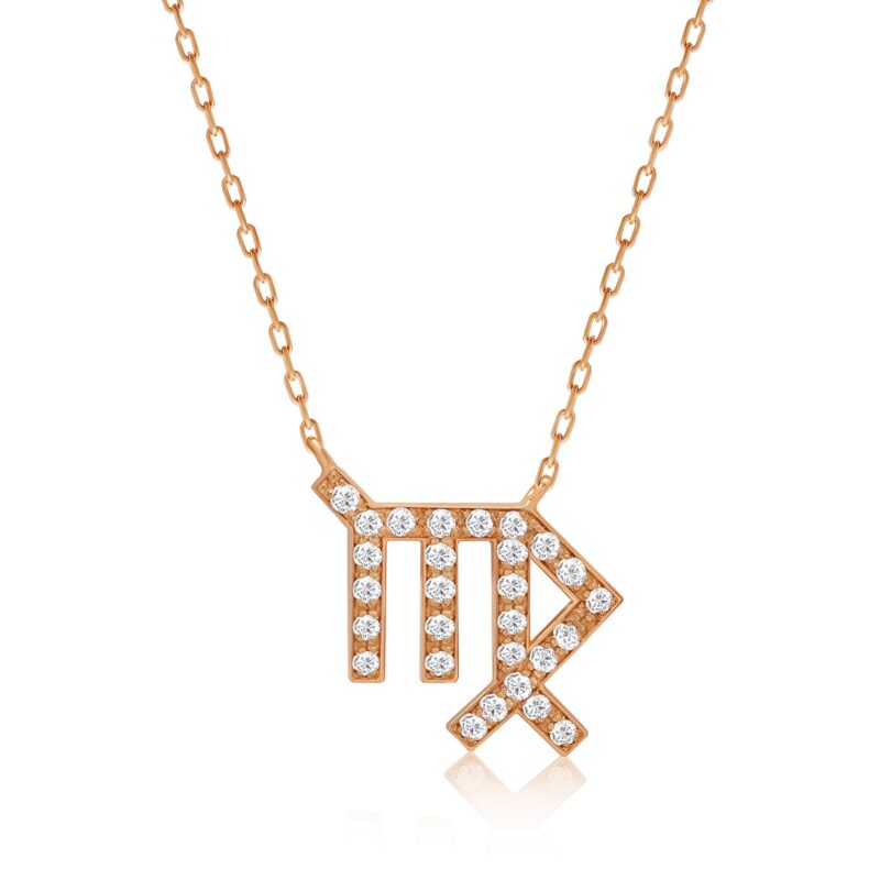 Elegant Virgo horoscope necklace in rose-gold tone with sparkling gemstones set in the Virgo symbol.