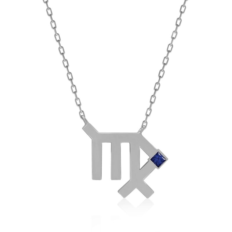 Silver chain horoscope necklace for Virgo with a blue gemstone accent and bold Burji design by Yataghan Jewellery