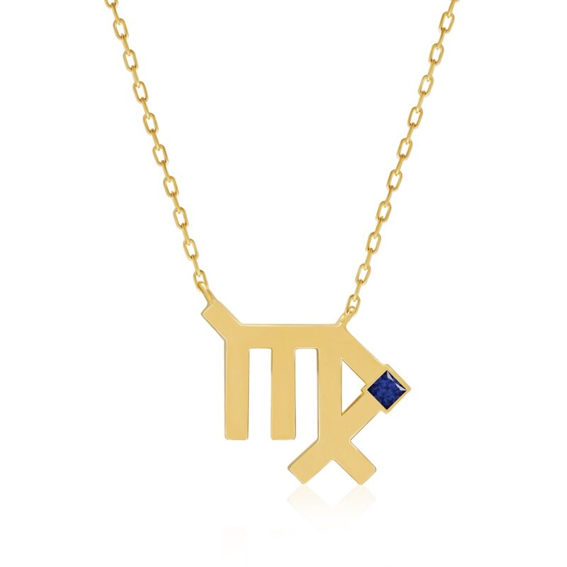 Gold-tone chain and Virgo horoscope pendant with a blue stone detail in Yataghan Jewellery burji necklace design.