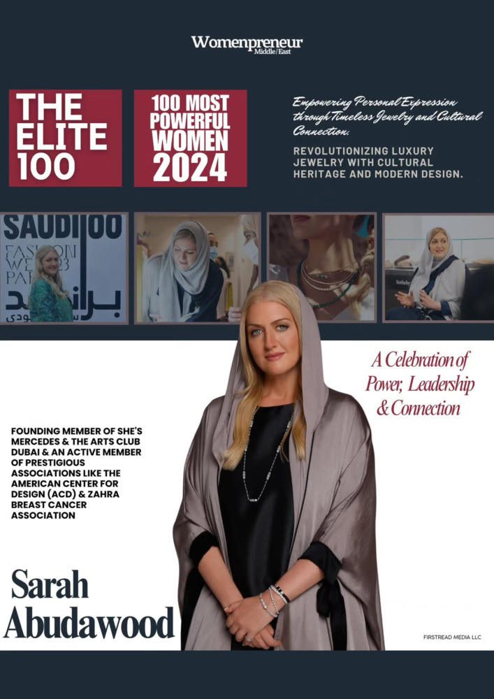 Womenpreneur Middle East ELITE 100 2024 cover with Sarah Abudawood, celebrating power, leadership and connection in luxury jewelry and cultural heritage.