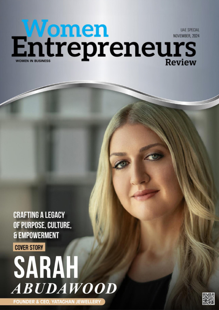 A November 2024 Women Entrepreneurs Review cover with Sarah Abudawood, founder and CEO of Yataghan Jewellery, under the UAE special headline.