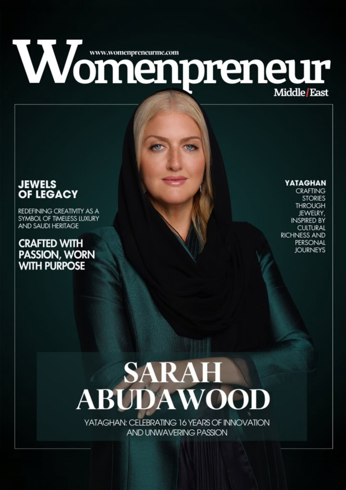 On the Womenpreneur Middle East cover, Sarah Abudawood appears with Yataghan branding and the headline Jewels of Legacy for November 2022 issue.