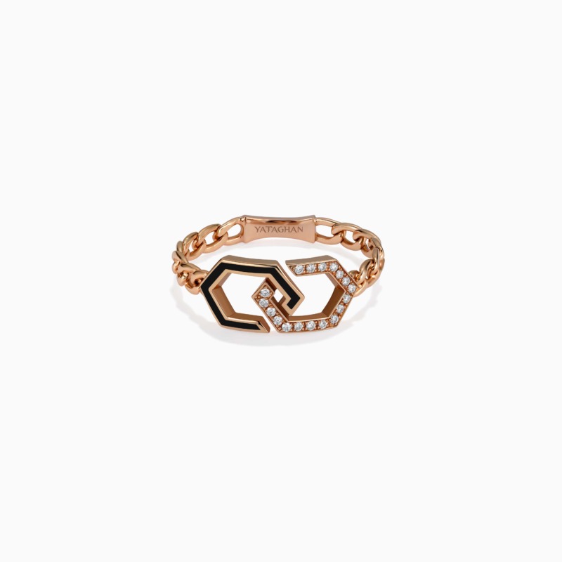 Rose gold Infinity Black Enamel Unchained Diamond Ring from Yataghan Jewellery, with chain links and pavé-set stones forming a bold geometric motif.