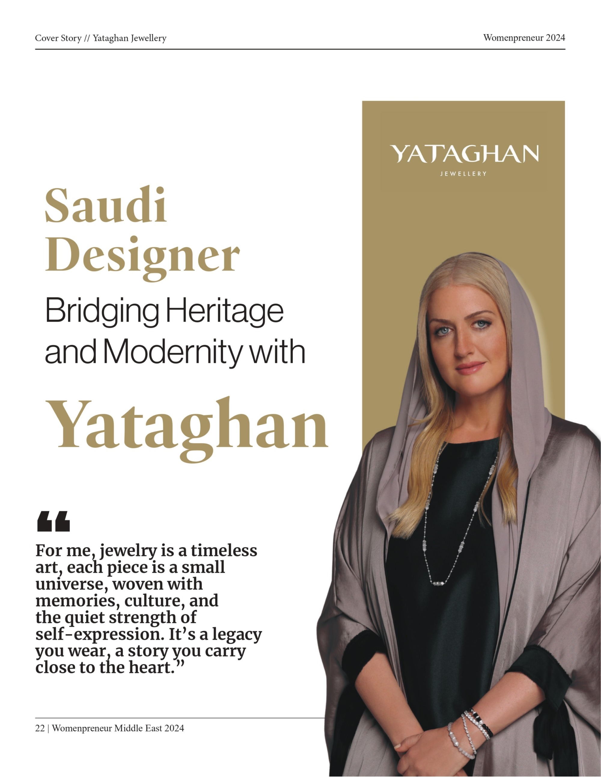 A Womenpreneur Middle East 2024 cover story presents Yataghan Jewellery and a Saudi designer wearing layered jewelry, a hooded abaya, and a calm portrait.