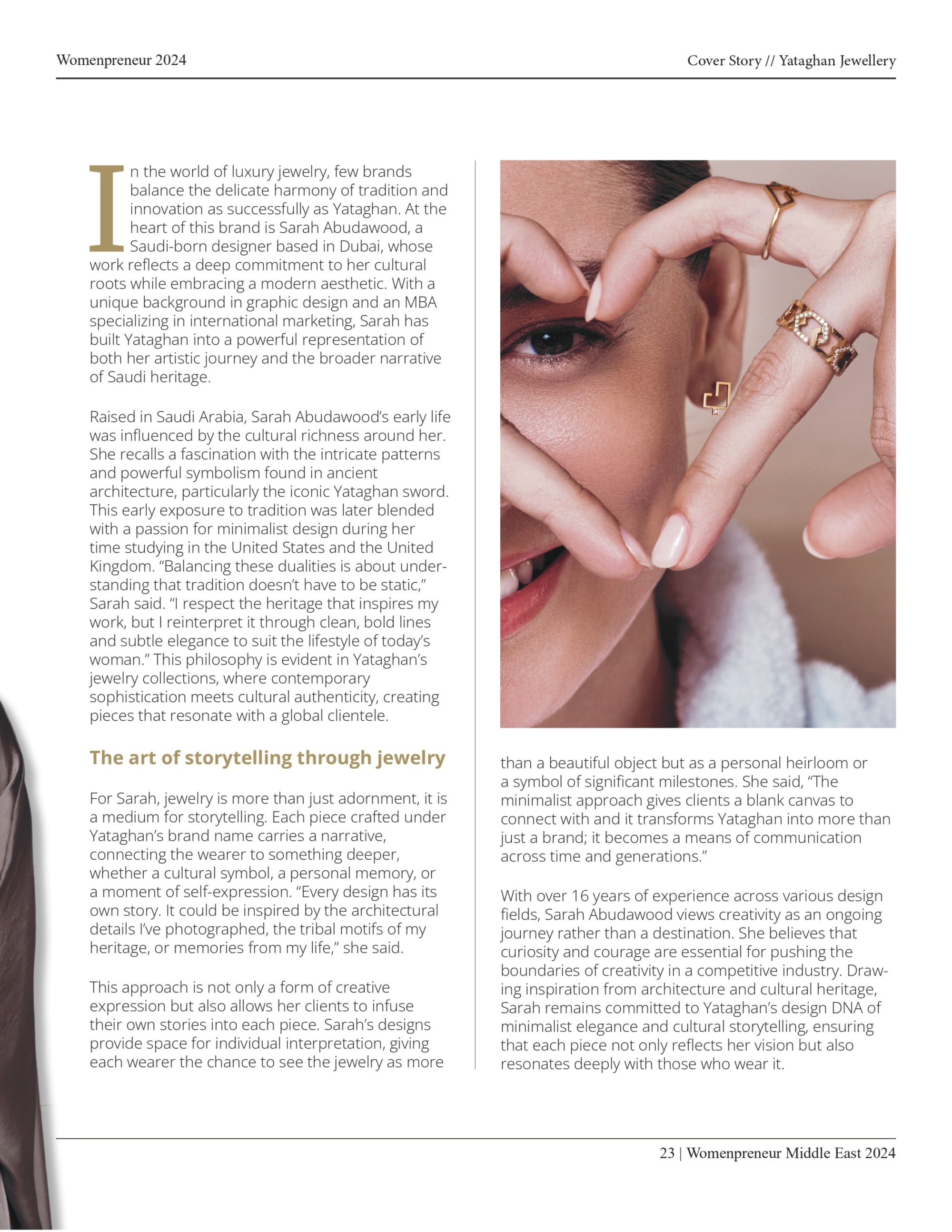 Sarah Abudawood presents Yataghan Jewellery in Womenpreneur Middle East, with close-up gold rings and a minimalist editorial layout on heritage and design.