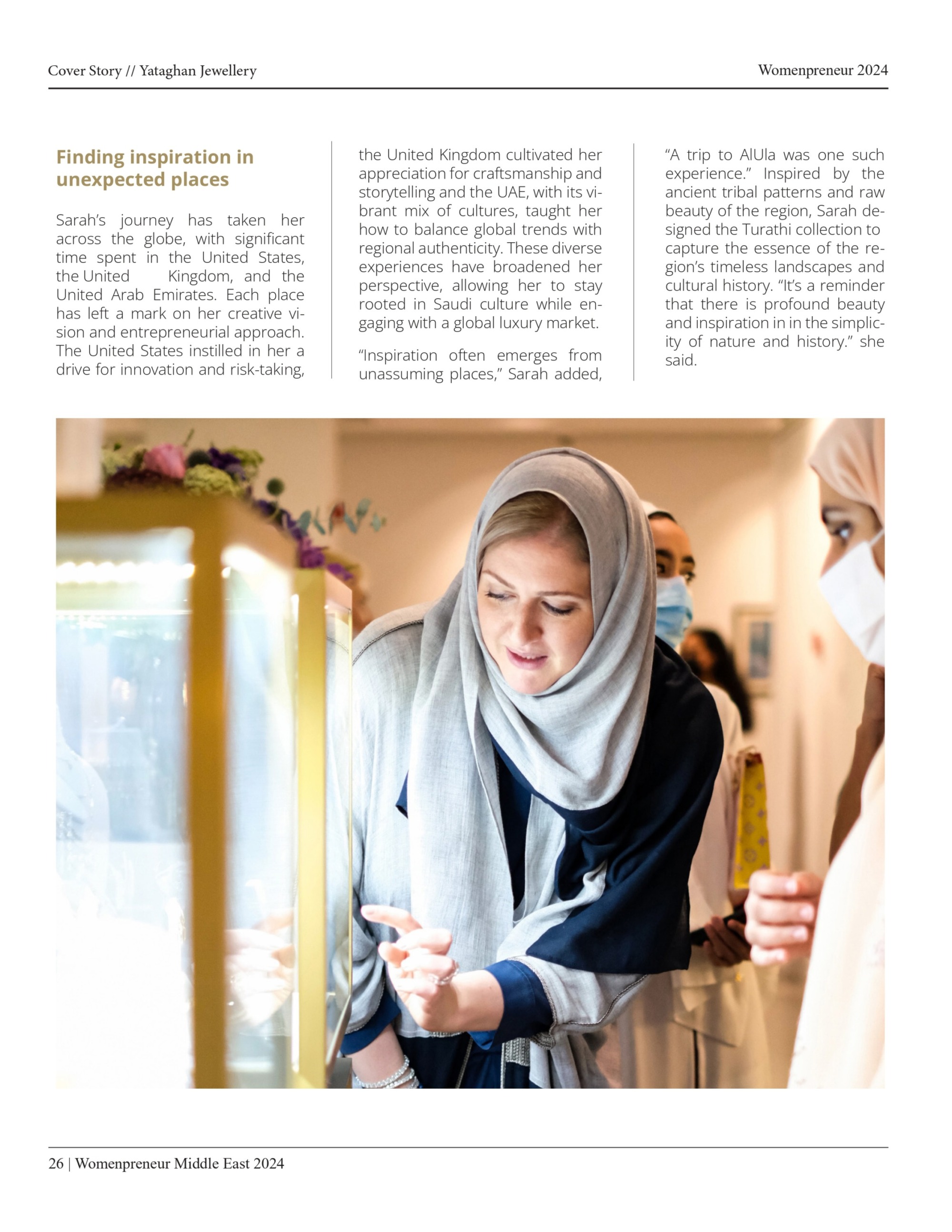 Sarah from Yataghan Jewellery studies pieces in the Turathi collection after drawing inspiration from AlUla, as Womenpreneur Middle East 2024 notes her journey.