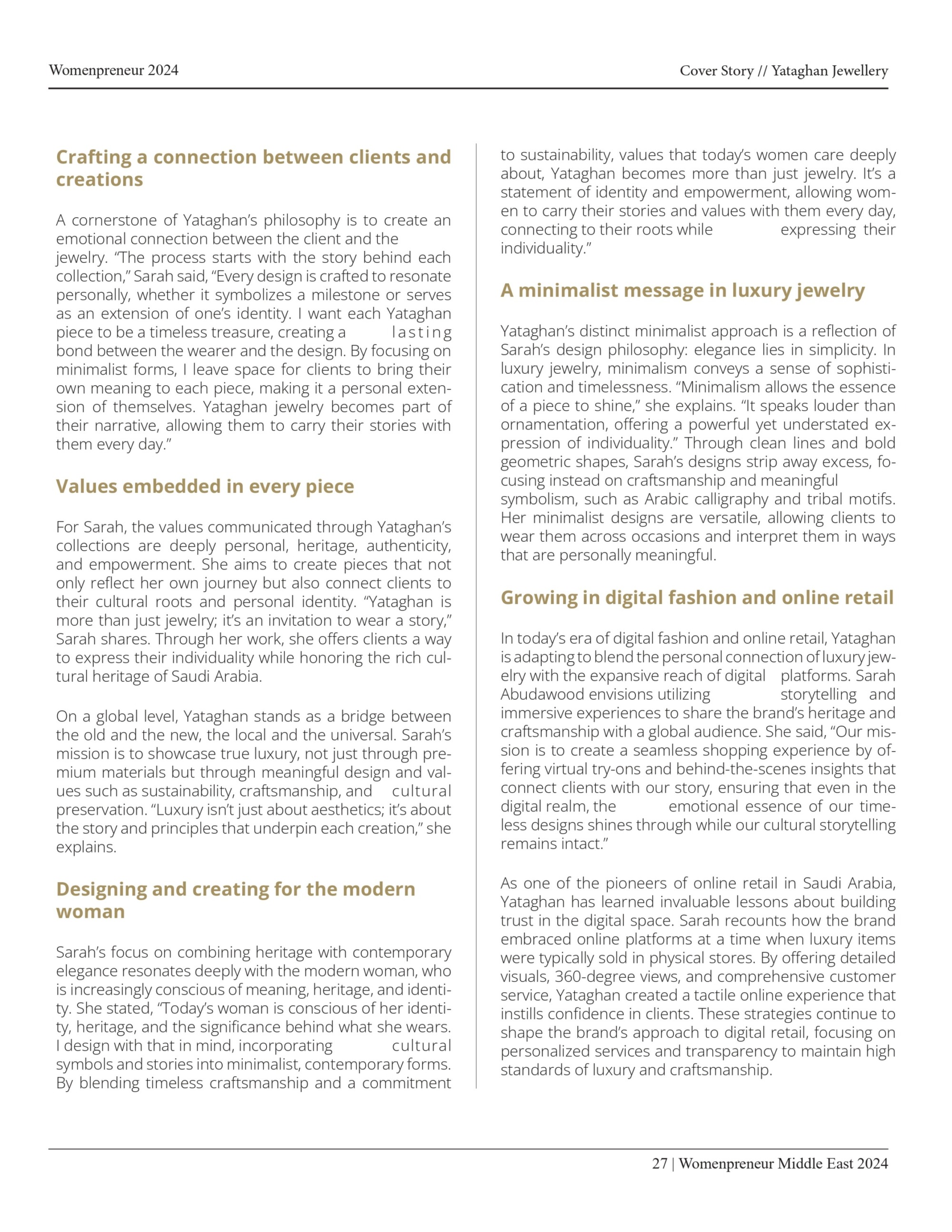 A Womenpreneur Middle East 2024 article about Yataghan Jewellery explores Sarah Abudawood's minimalist luxury designs, heritage, and digital retail growth.