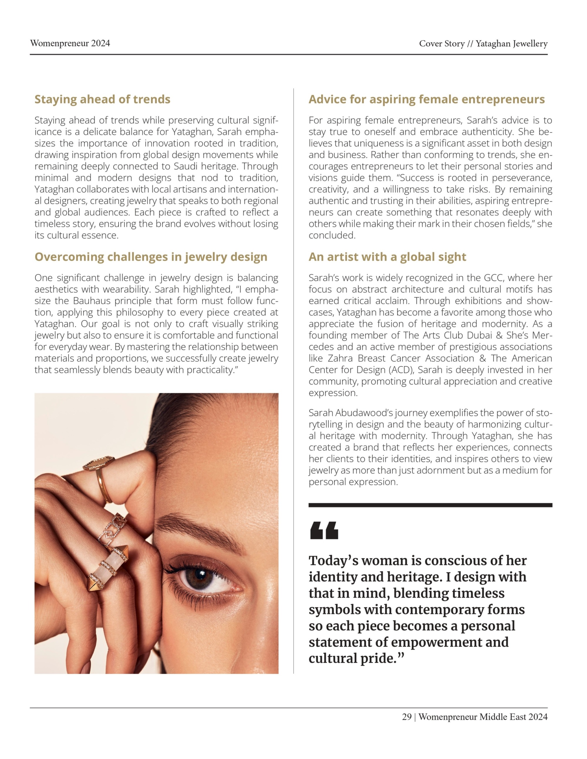 Womenpreneur 2024 cover story for Yataghan Jewellery presents Sarah Abudawood, with editorial text and a close-up portrait wearing ornate rings.