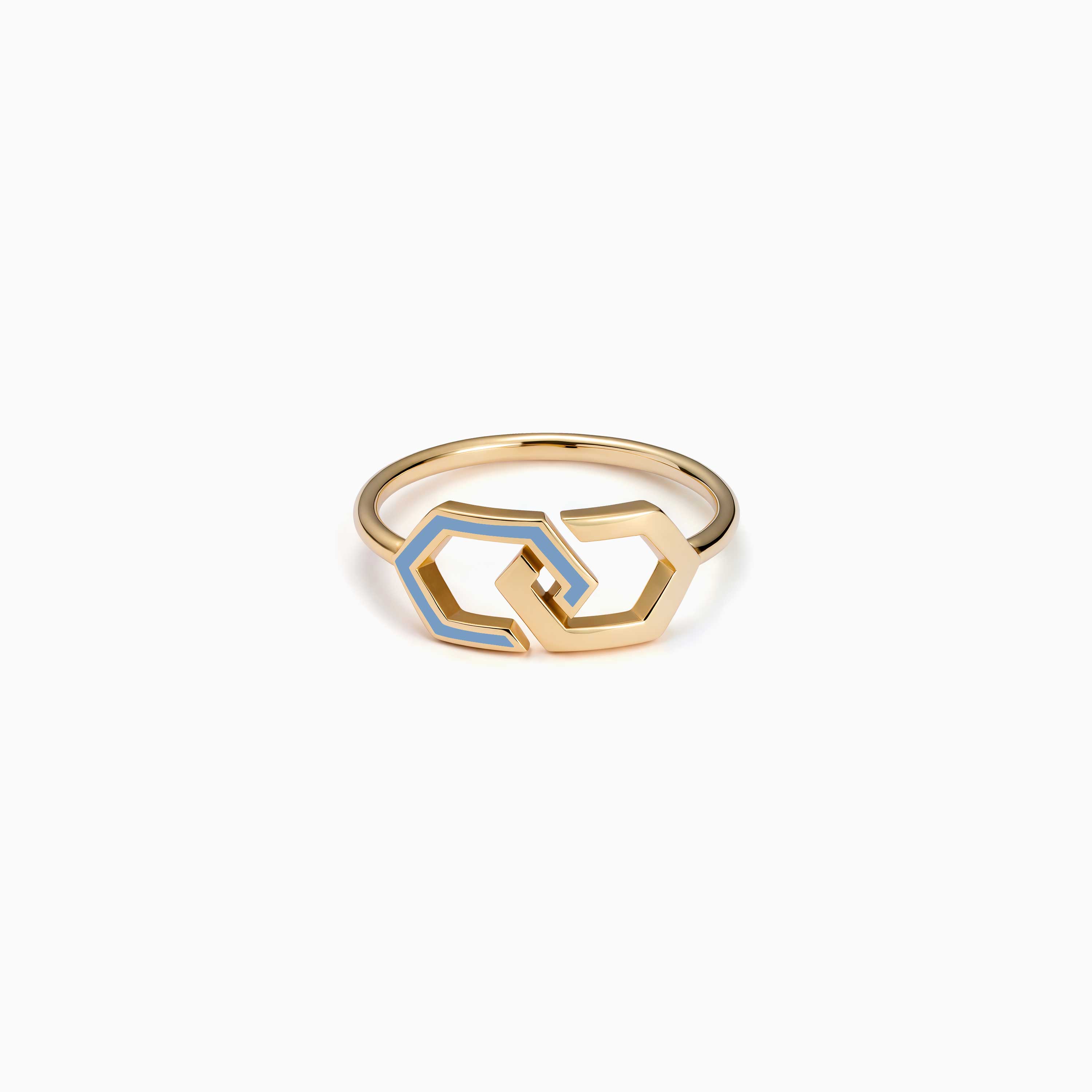 Baby blue enamel accents shape the Infinity Enamel Gold Ring Band in polished gold from Yataghan Jewellery, creating a modern geometric design.