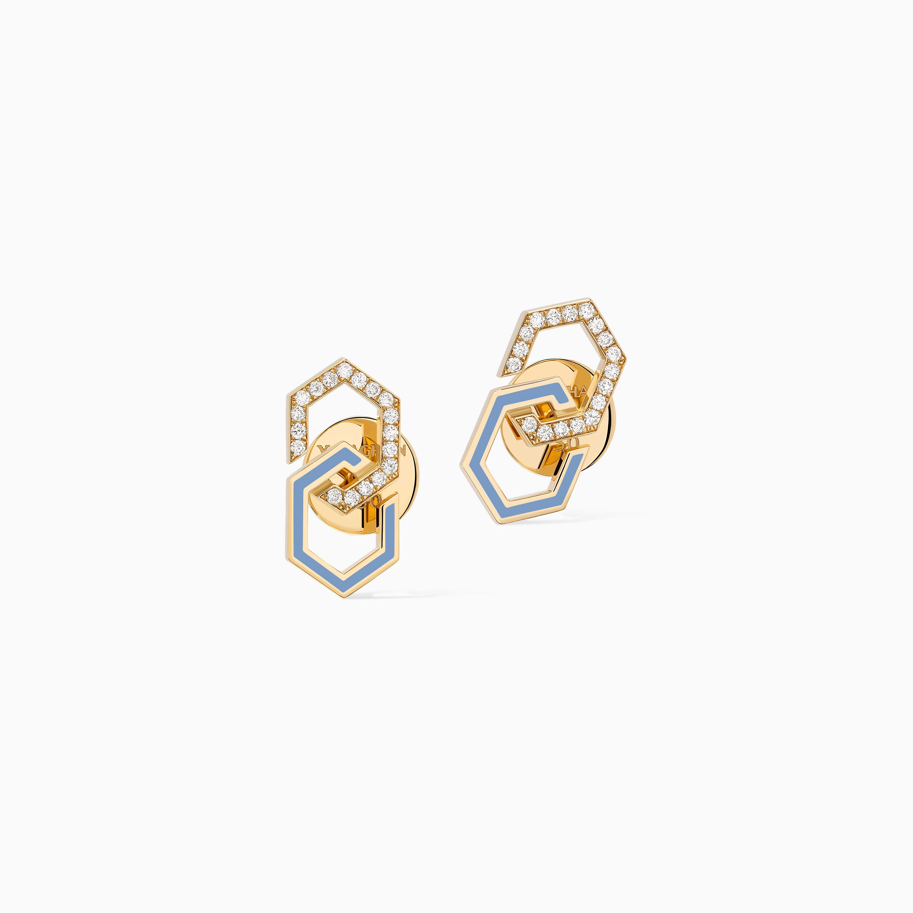 Baby blue enamel Infinity Enamel Diamond Stud Earrings from Yataghan Jewellery, set with sparkling stones and shaped in linked geometric gold details.