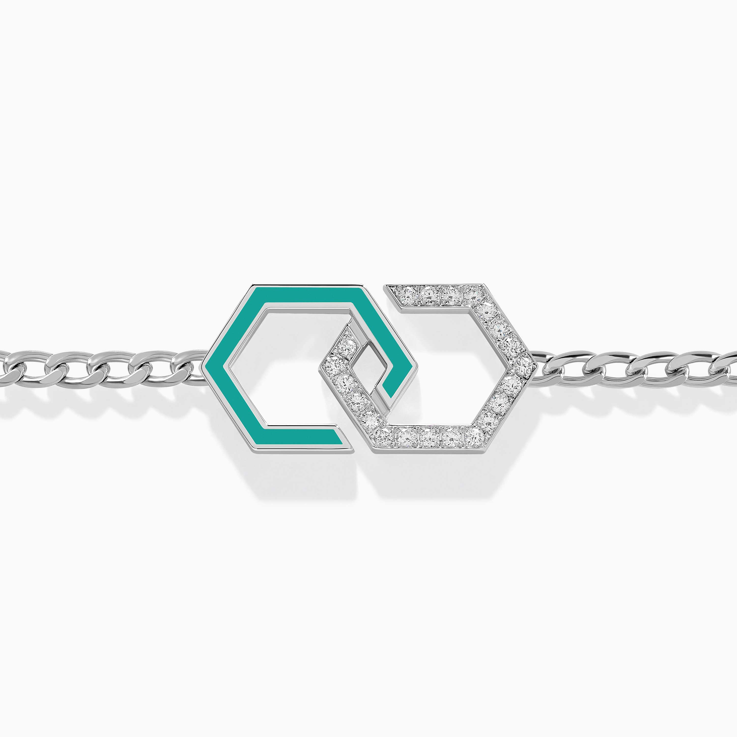 Infinity Enamel Unchained Diamond Bracelet by Yataghan Jewellery pairs turquoise enamel links with pavé diamonds on a polished chain.