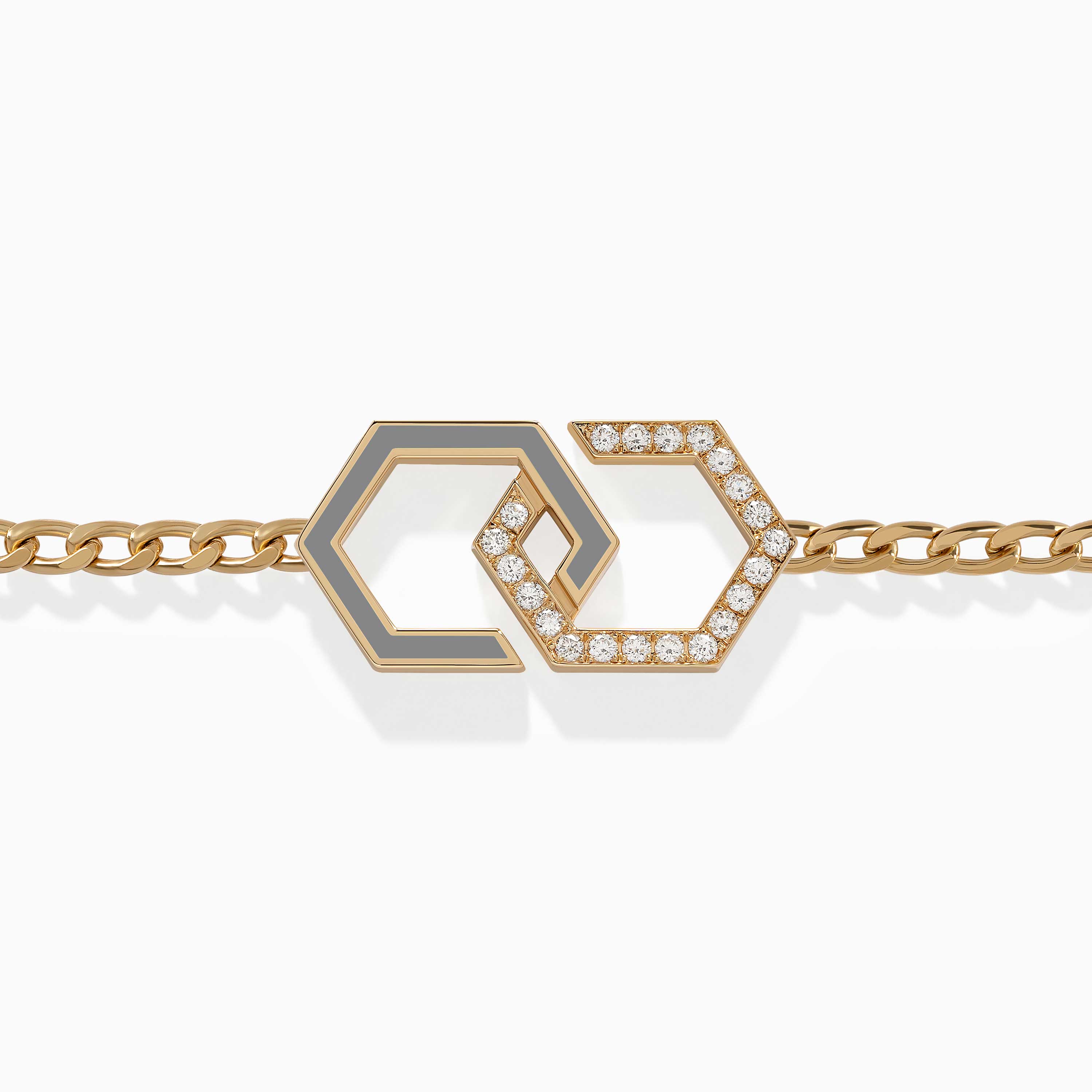 Yataghan Jewellery Infinity Enamel Unchained Diamond Bracelet with grey enamel, gold chain links and diamond-set infinity links in a refined design.