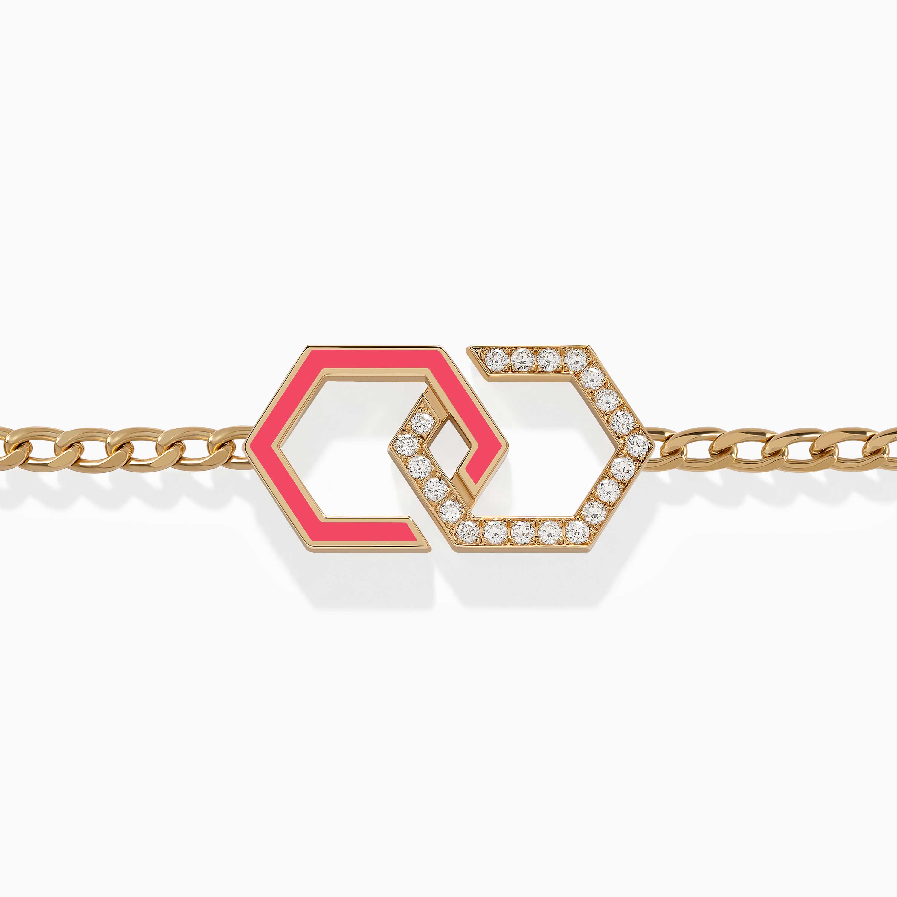 A gold Infinity Enamel Unchained Diamond Bracelet from Yataghan Jewellery shows pink enamel links and diamond-set geometric details on a chain.