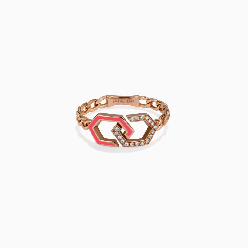 Pink enamel Infinity Enamel Unchained Diamond Ring in rose gold with linked chain details and diamond-set motifs, engraved YATAGHAN across the clasp.