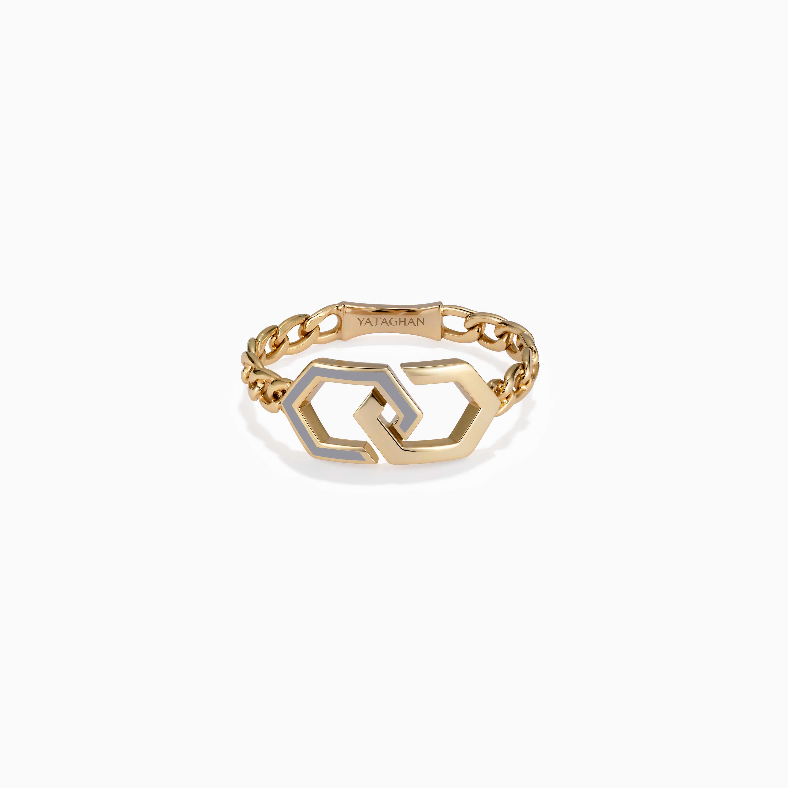 A gold Yataghan Infinity Enamel Unchained Ring with grey enamel links and geometric front detailing is shown against a clean white background.