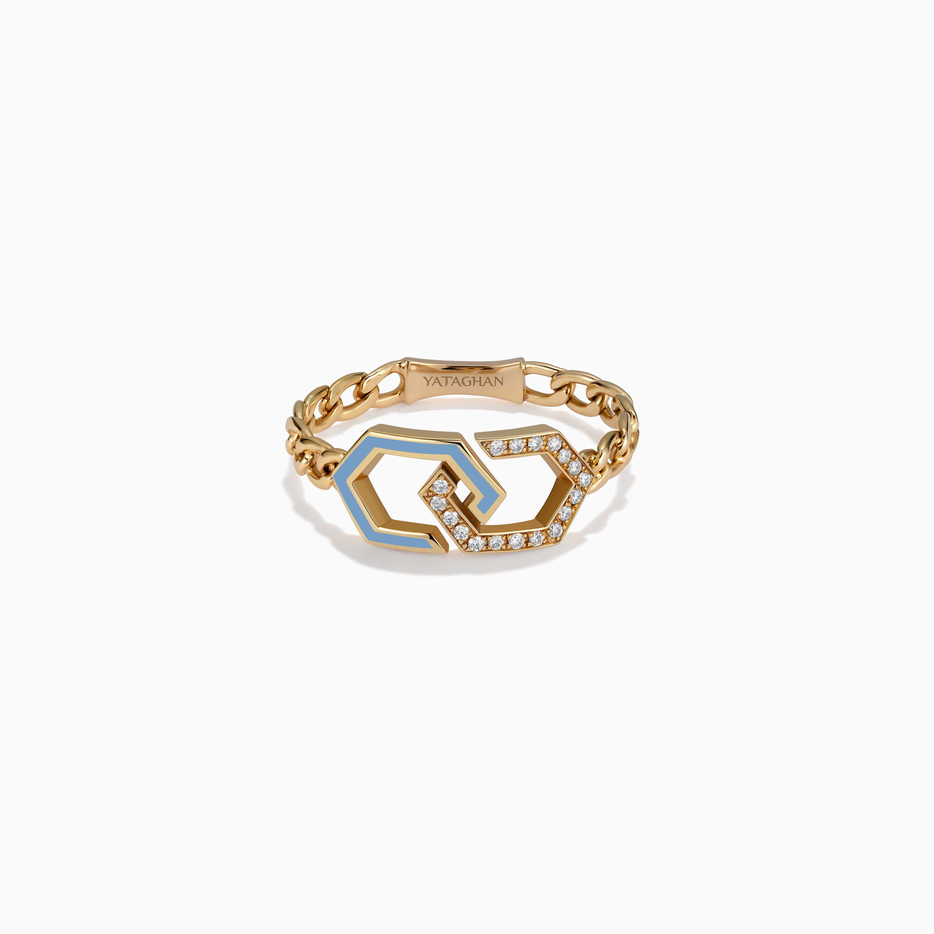 A gold Infinity Enamel Unchained Diamond Ring with baby blue enamel and diamond details rests on a clean white background.