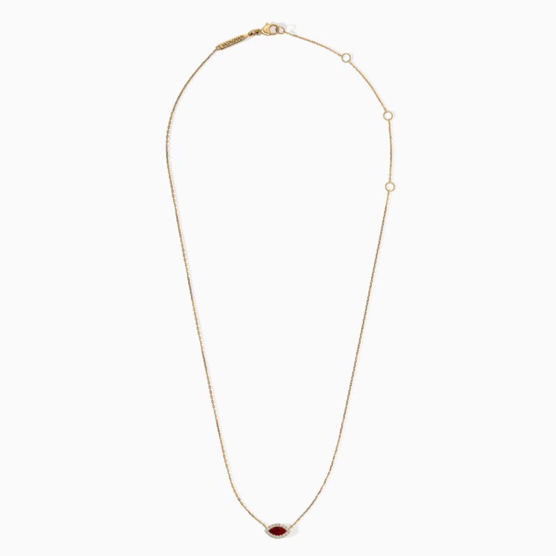 Delicate gold necklace with a marquise ruby pendant framed by diamonds and Yataghan clasp details.