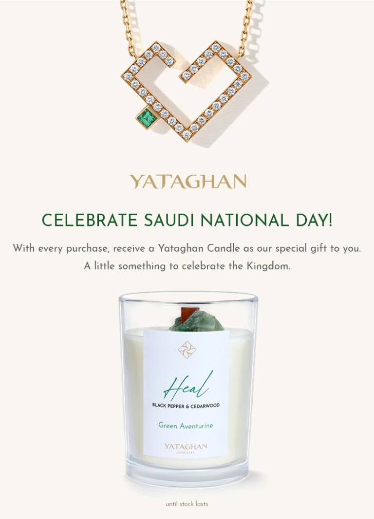 Yataghan Jewellery necklace and Green Aventurine candle accompany a Celebrate Saudi National Day message and gift note.