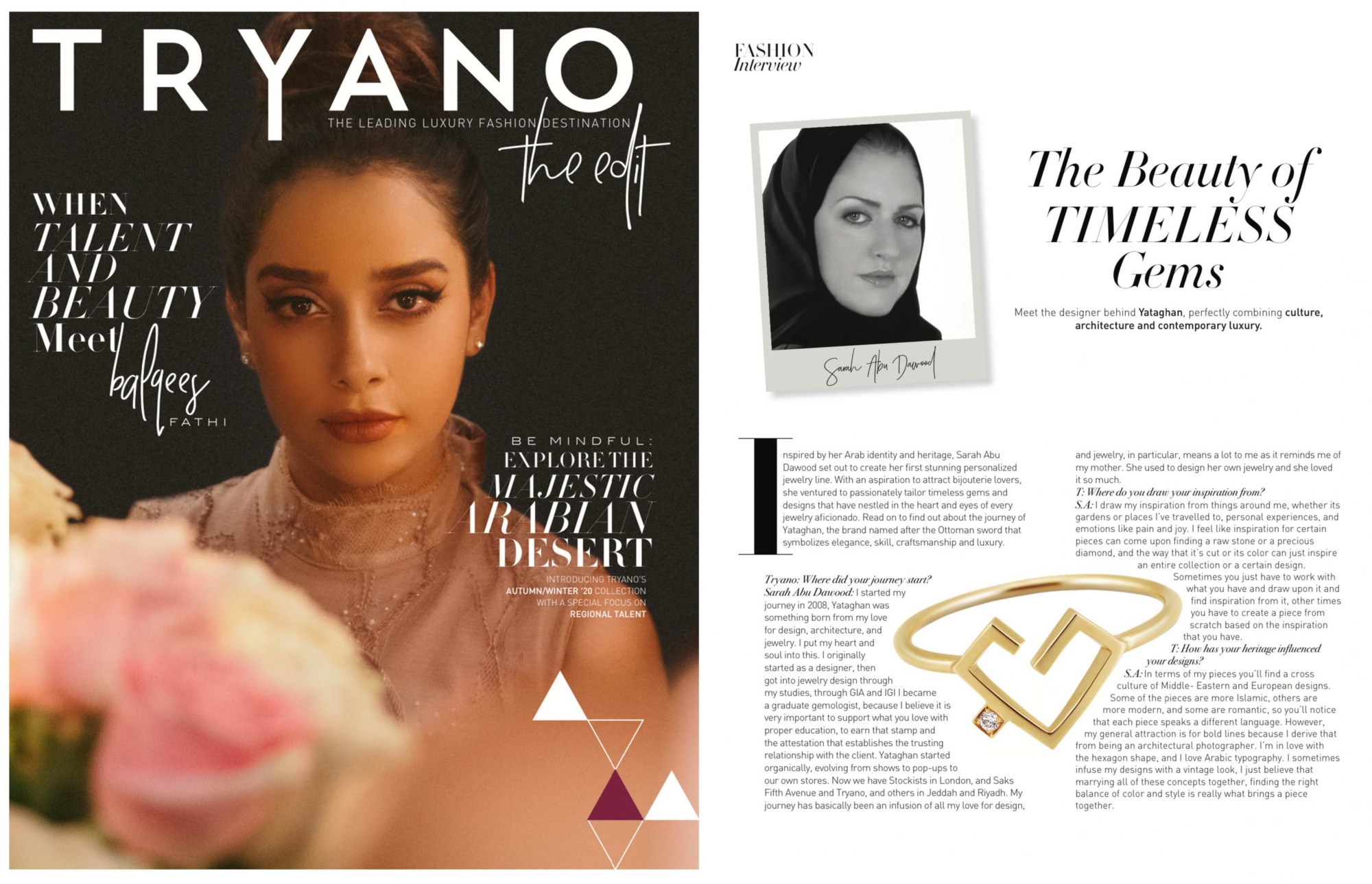TRYANO Magazine August 2022 features Yataghan founder Sarah Abu Dawood, a fashion interview about timeless gems, architecture and contemporary luxury.