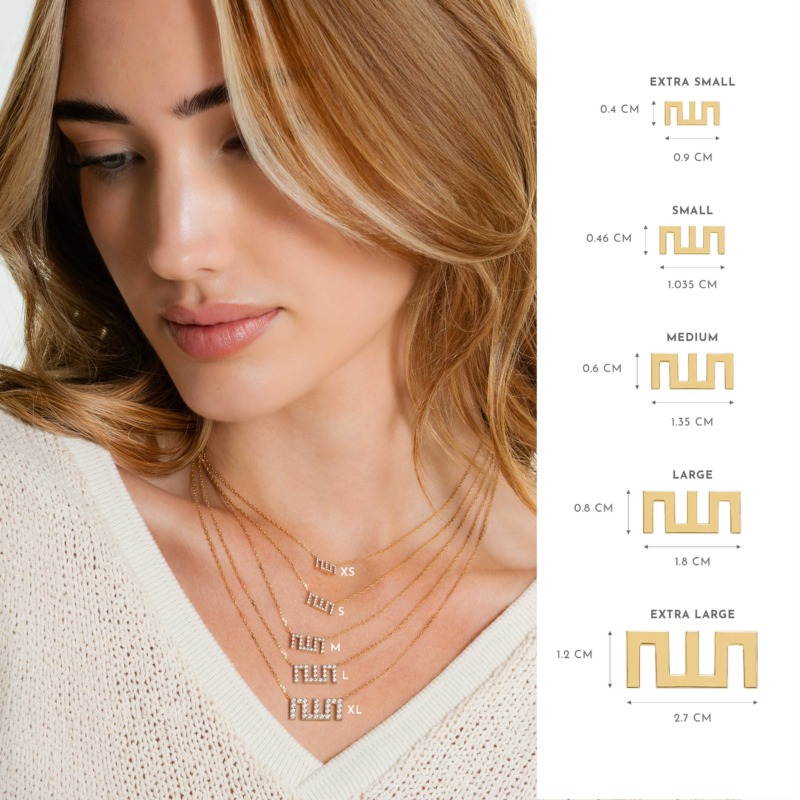 Model wearing a gold Allah Necklace with layered pendants beside a size chart ranging from extra small to extra large.