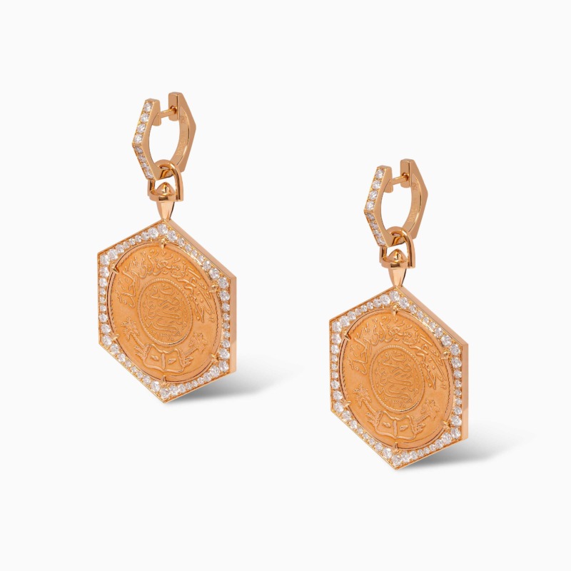 Gold-toned Ginea Earring [Full Coin] with coin-shaped Arabic calligraphy medallion and sparkling stones on the hoop setting
