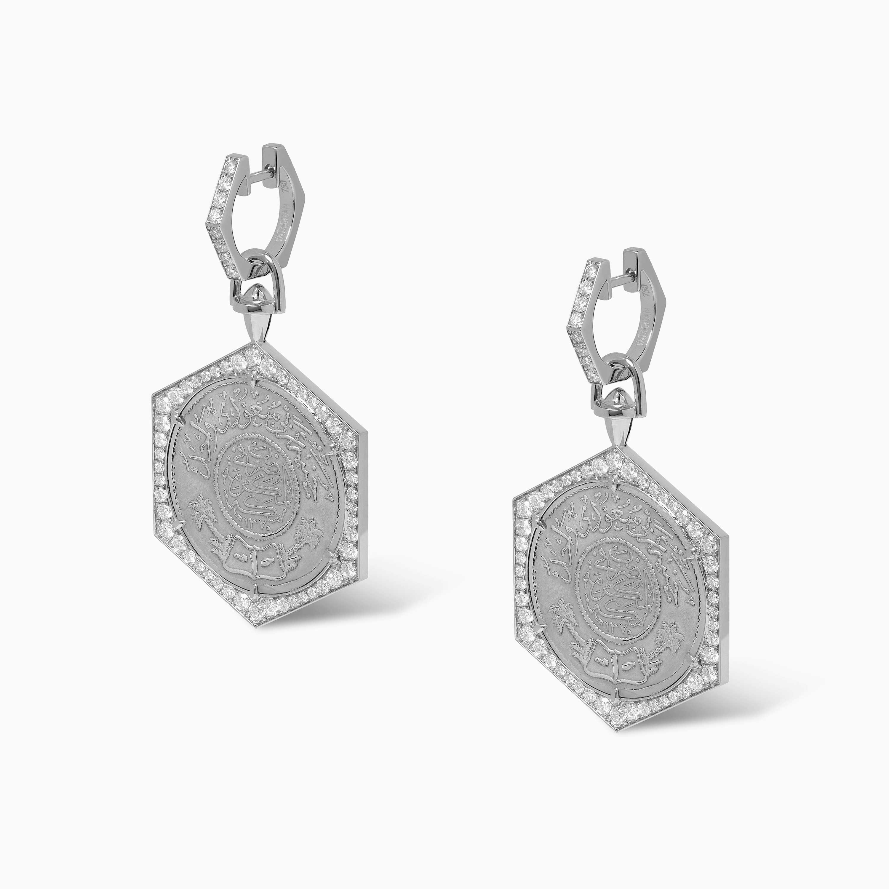 Silver Ginea Earring with full-coin design, Arabic script medallion panel, and pavé stones along the hoop and edges.