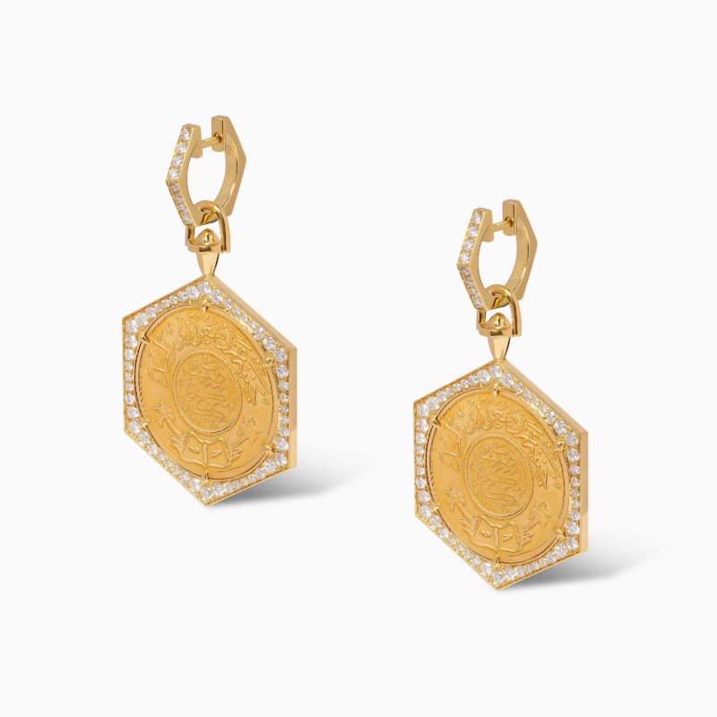 Gold Ginea Earring [Full Coin] with diamond-studded detailing and a coin-like Arabic inscription medallion in warm yellow tones.