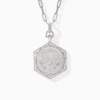 Elegant Ginea Necklace in Diamond Frame with diamond-set bail & clasp in diamonds, hexagonal engraved pendant in bright white metal.