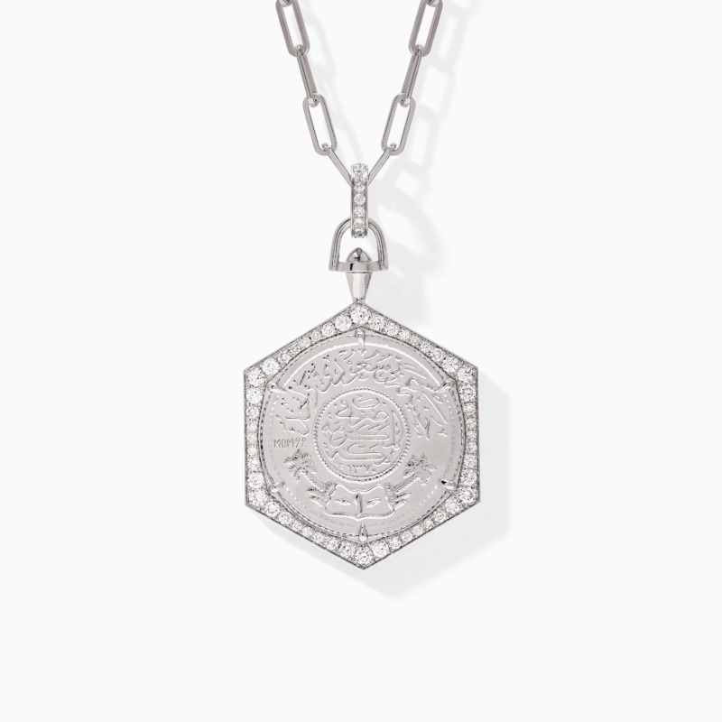 Elegant Ginea Necklace in Diamond Frame with diamond-set bail & clasp in diamonds, hexagonal engraved pendant in bright white metal.