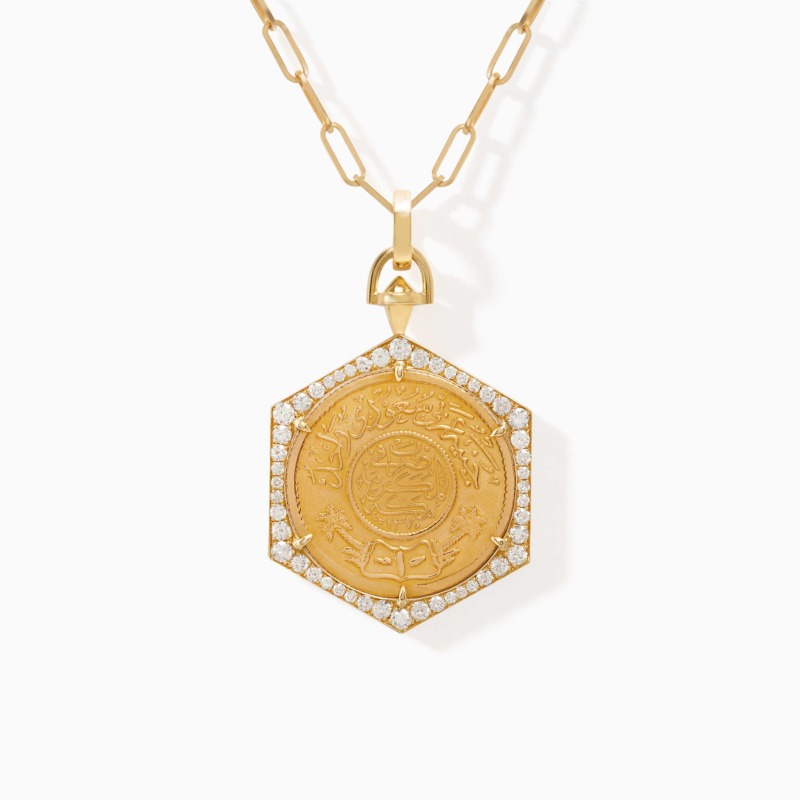 Ginea Necklace with emerald design, gold bail and clasp, and a detailed pendant with Arabic calligraphy accents by Yataghan Jewellery.