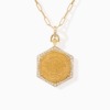 Gold Ginea necklace pendant with a diamond-studded hexagonal frame and Arabic calligraphy medallion, with bail & clasp detailing.