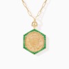 Ginea Necklace with emeralds and gold bail & clasp, showing an engraved pendant border with emerald green stones and gold detailing.