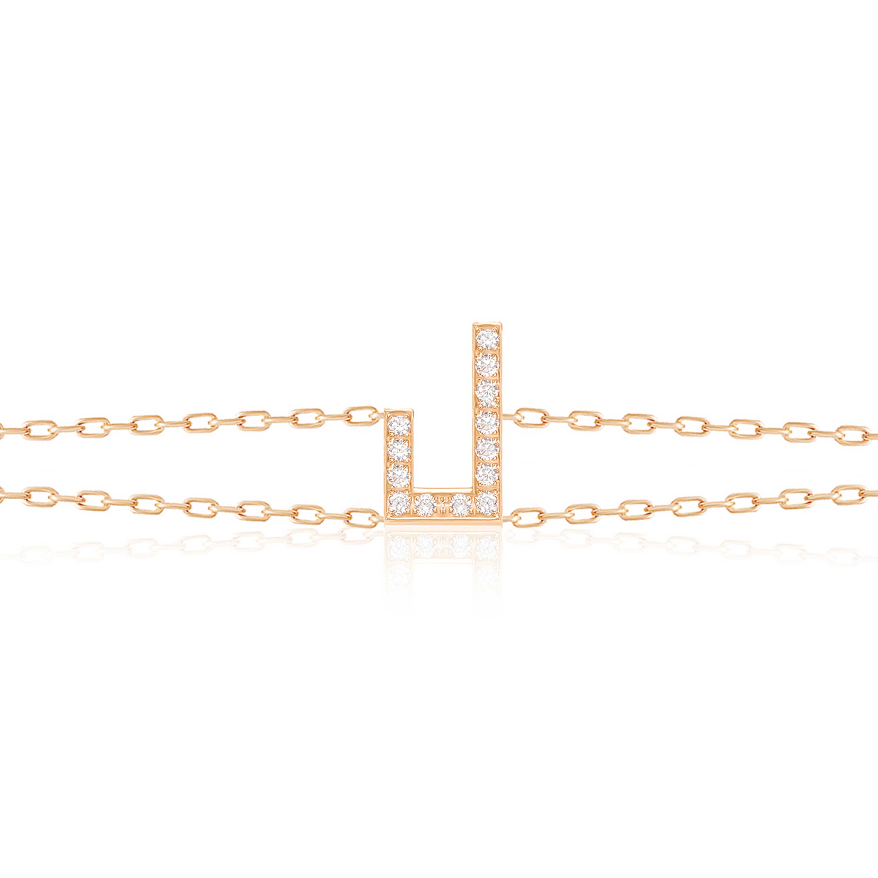 Rose gold Harfi Laam Bracelet with a diamond-set H-shaped pendant and delicate chain links displayed on white.