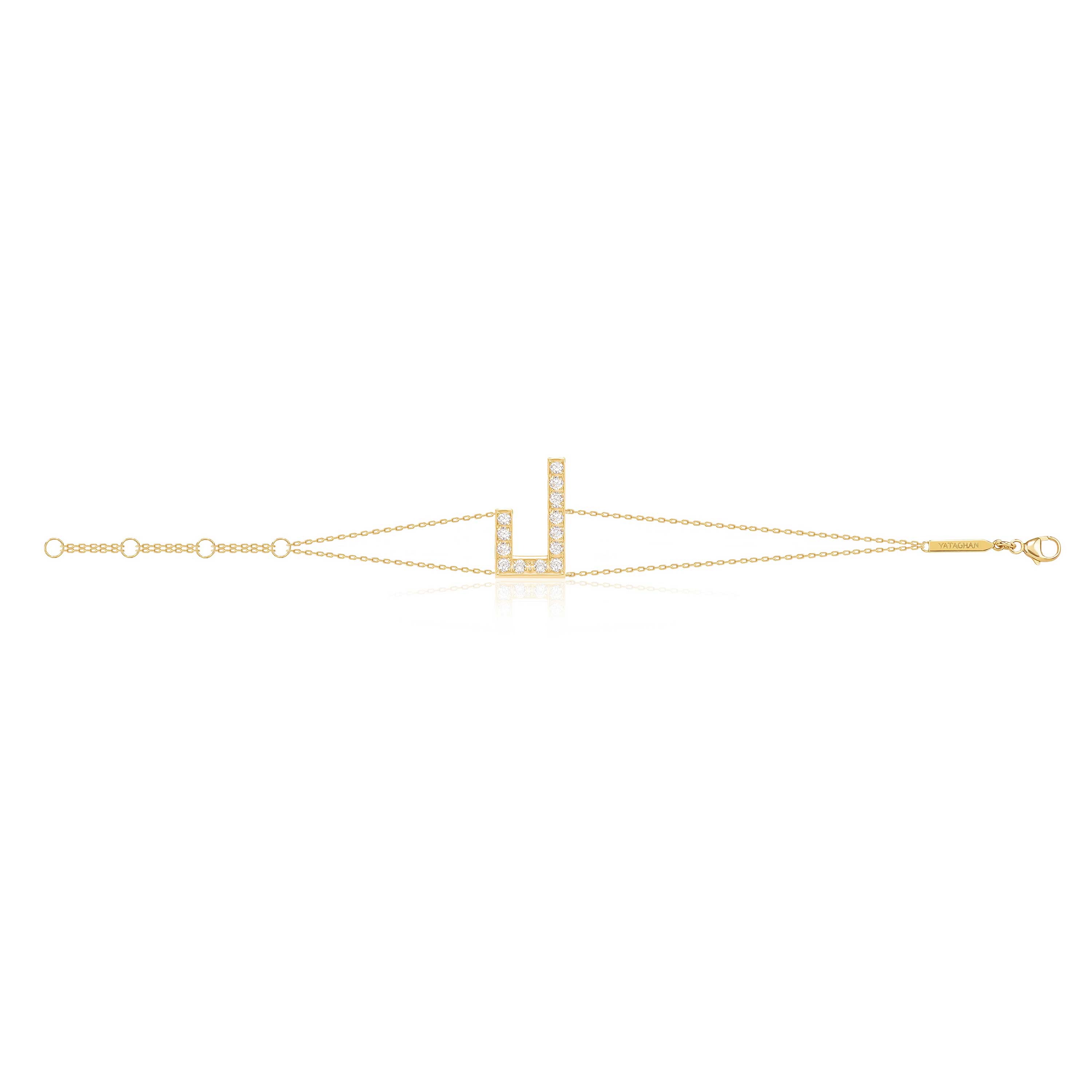 Harfi Laam Bracelet by Yataghan Jewellery shown fully extended with linked chains, circular details, and a central bar.