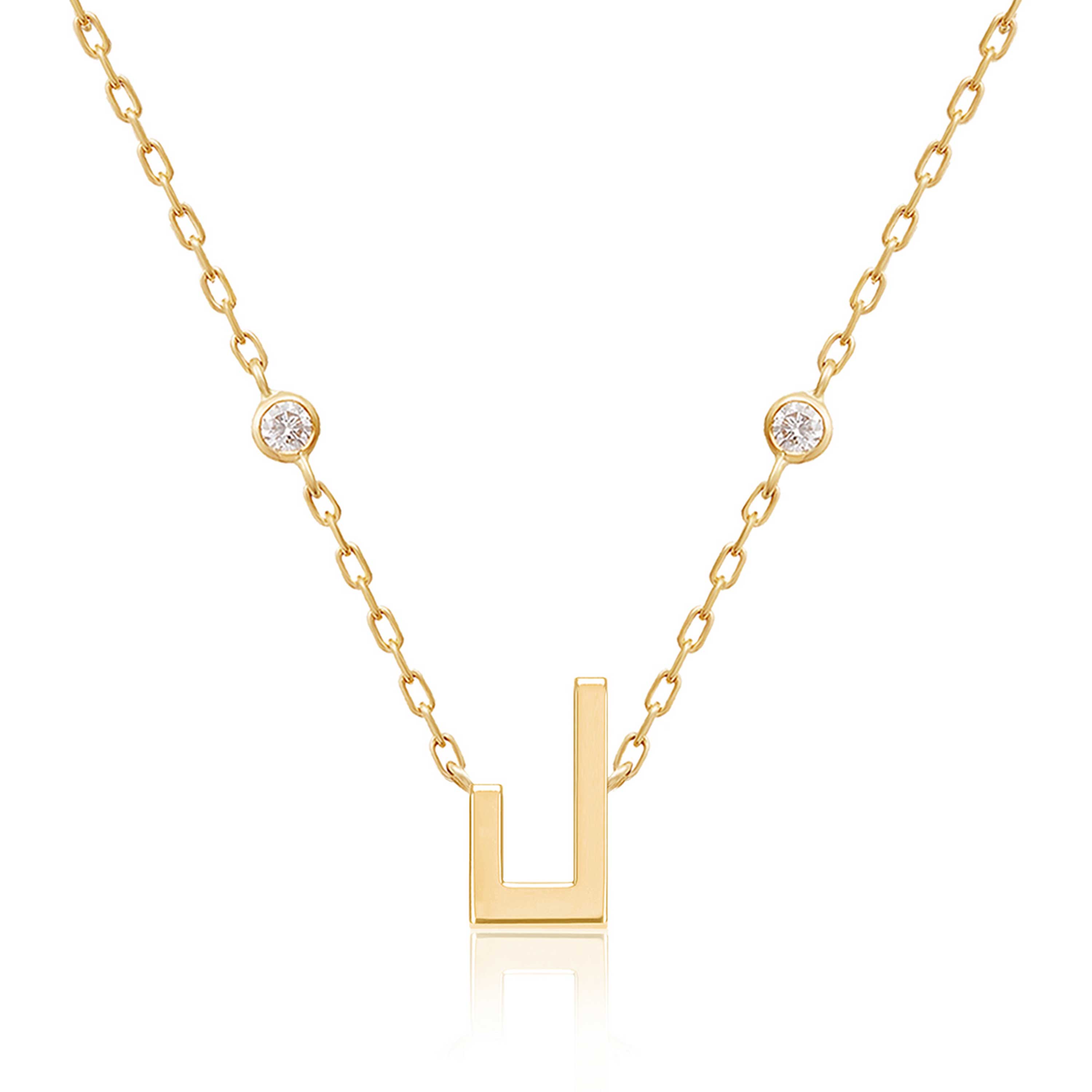Gold-tone Harfi Laam necklace with a geometric pendant, linked chain, and two round sparkling accents from Yataghan Jewellery