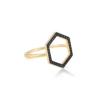 A hexagon diamond flat ring in gold with black stone pavé in a geometric frame, part of Hexagon Ring at Yataghan Jewellery.