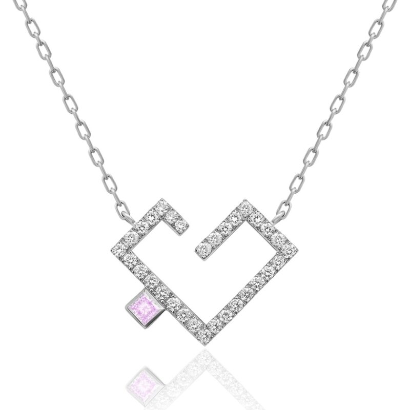 Hubb Full Diamond Necklace [Coloured Dot] with a gold V-shaped design, pavé diamonds, and a pink square coloured dot pendant.