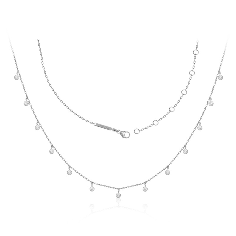 A silver Sparkle Round Necklace from Yataghan Jewellery shows layered chains with small round charms and a branded clasp for a refined, modern look.