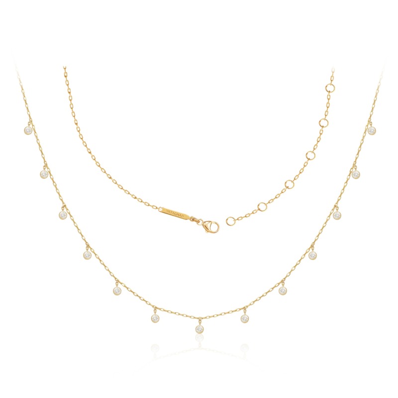 Delicate gold Sparkle Round Necklace from Yataghan Jewellery with layered chains, round links and small crystal drops arranged on a white background.