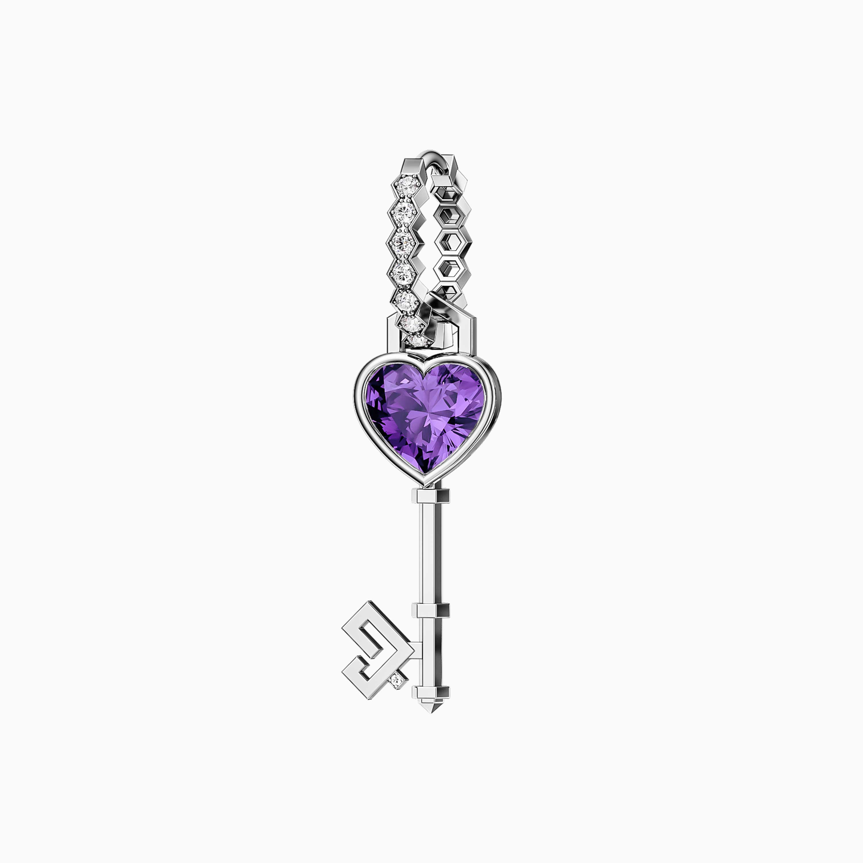 Key of Love Amethyst Solitaire with Diamond Hoop Earring - Image 5