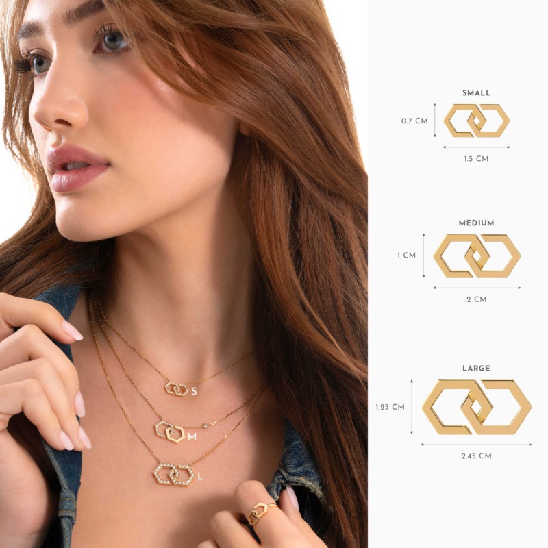 Model wearing the Infinity Large Necklace in gold, shown in small, medium, and large sizes with measured dimensions.