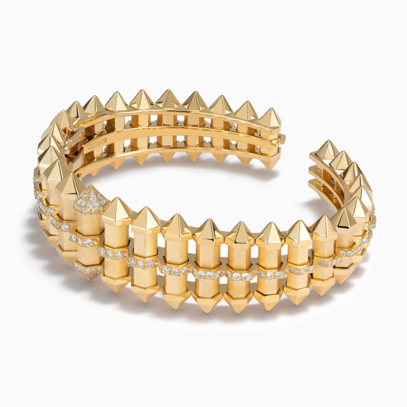 Bold gold Chakra Graduated Gold Cuff from Yataghan Jewellery with angular spike motifs and pavé diamond detailing in a sculptural curved finish.