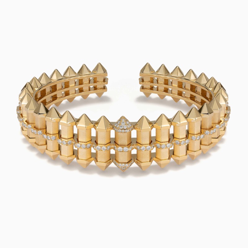 Yataghan Jewellery Chakra Graduated Gold Cuff in gold with graduated pyramid details and diamond accents, crafted for a bold luxury finish.