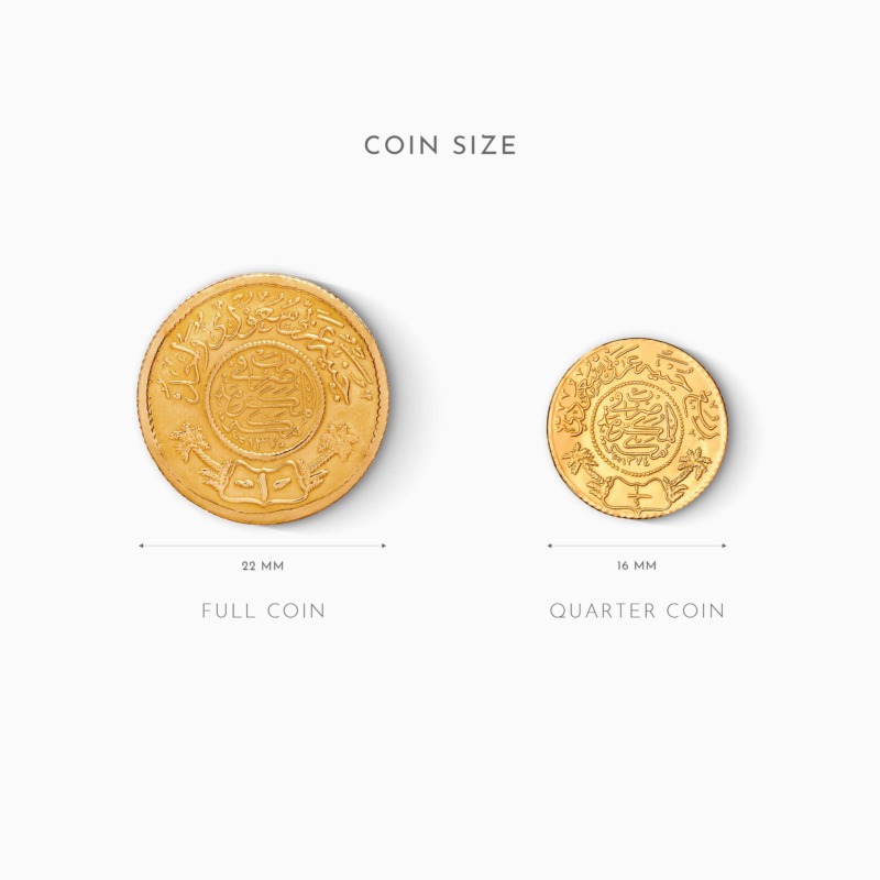 Coin size comparison showing full coin 22 mm and quarter coin 16 mm in gold with detailed Arabic engravings, clearly labeled COIN SIZE.