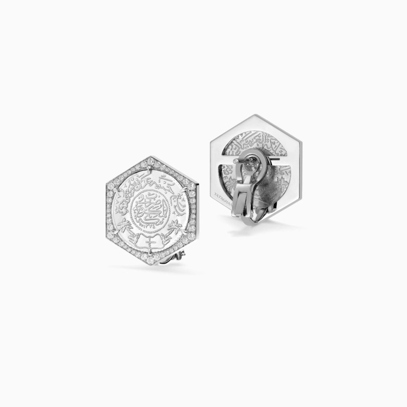Quarter Ginea Earrings in Diamond Frame by Yataghan Jewellery with silver hexagonal bezel and pavé diamonds detailing.