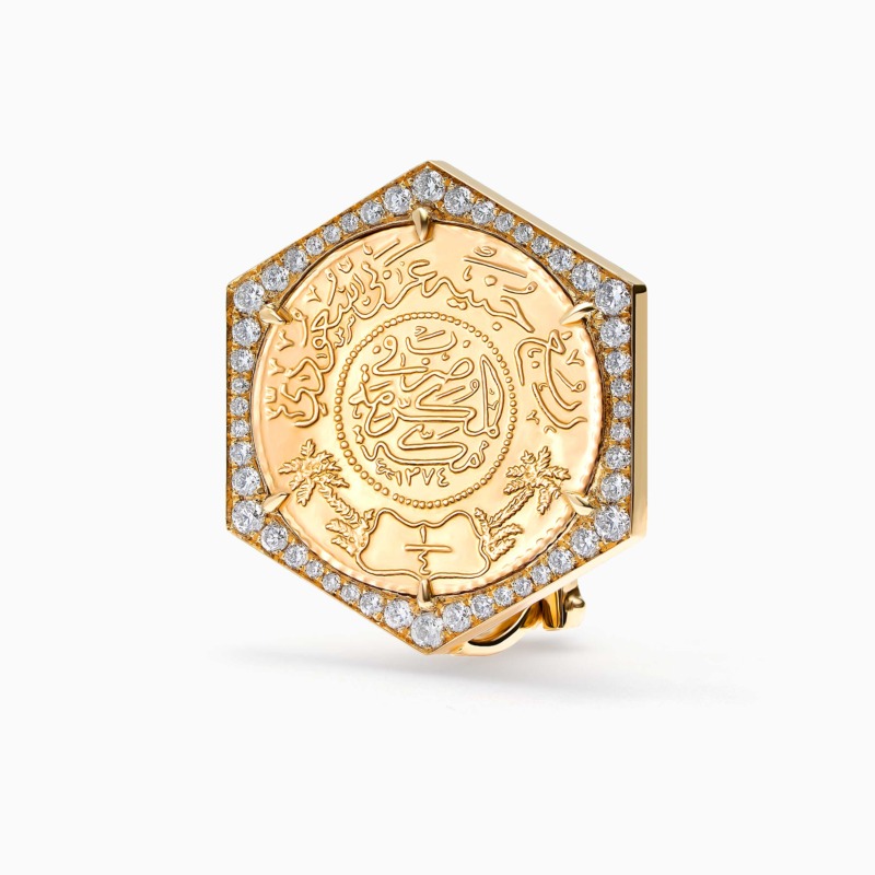 Gold-tone Quarter Ginea earrings in a diamond frame with arched calligraphy medallion and diamond pavé border from Yataghan Jewellery.
